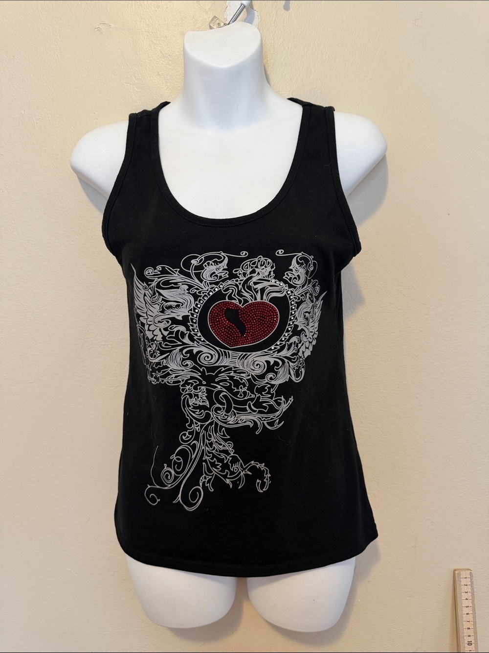 Black Graphic Tank Top with Red Heart Detail